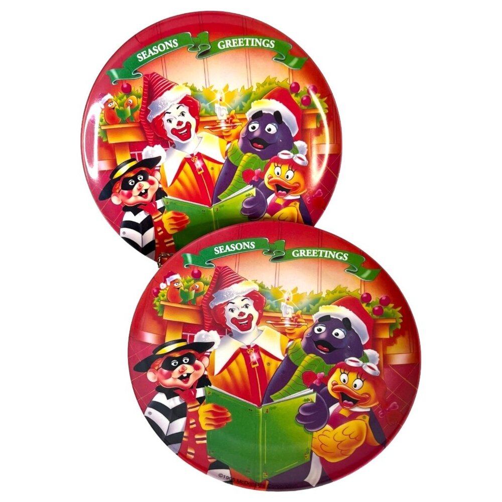 1995 McDonalds Seasons Greetings Christmas Plates Melamine lastic Set of 2 VTG